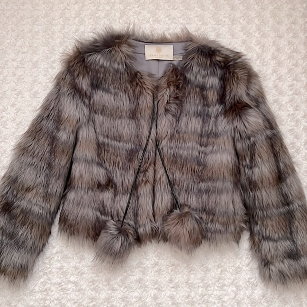 Ramy Brook Krissy Jacket Grey Faux Fur Pom Pom Detail